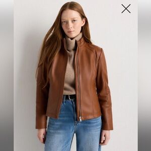 NWT Quince Stand-Collar Leather Jacket, dark cognac brown